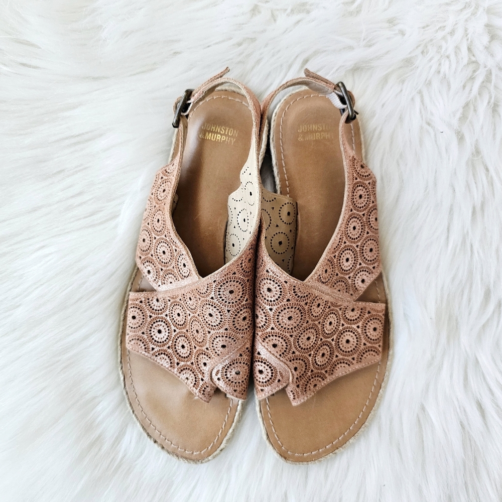 Johnston & Murphy Laser Cut Tan Sandals Genuine Leather Made In Brazil Sz 7.5M